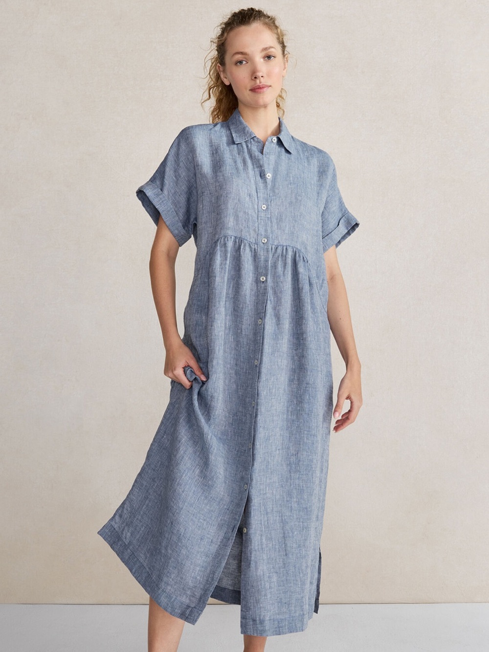 Haven Well Within Linen Button Front Midi Maxi Dress Chambray Blue Size Large